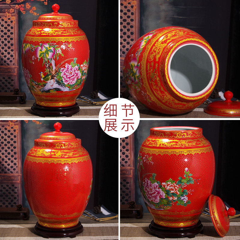 Jingdezhen household moistureproof ceramic cylinder barrel ricer box 20 jins 30 jins 50 kg pack with cover cylinder tank rice storage tank