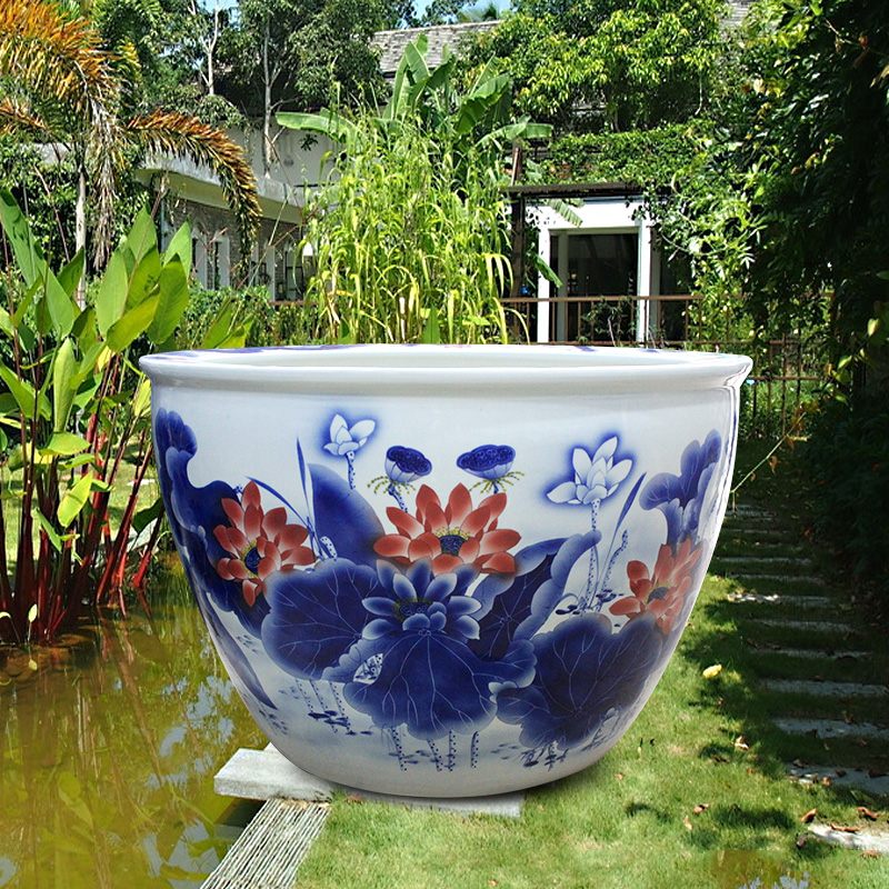 Blue and white porcelain tank 1 meter big basin of water tanks porcelain jar water lily lotus bowl lotus cylinder cylinder tortoise courtyard