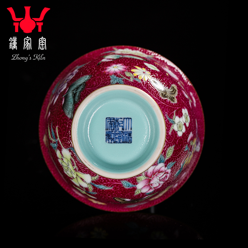 Clock home high - end masters cup jingdezhen up manually pastel carmine to pick flowers pressure hand cup kung fu tea cups