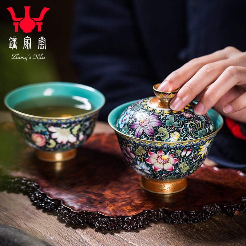 Clock home up the was suit jingdezhen high - end colored enamel, black tie up lotus flower grain turquoise glazed inside tureen tea cups