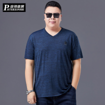 Fat Ice Silk short sleeve T-shirt men plus fat plus Big V collar loose dad men fat big size middle-aged summer tide
