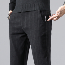 Autumn and winter vertical striped business trousers brushed woolen mens casual trousers suit suit pants straight loose