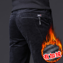 Autumn and winter mens striated corduroy casual pants loose straight middle-aged plus velvet thick winter pants cotton pants