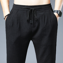 Spring Summer ultrathin wide elastic waist cotton linen casual pants men straight cylinder summer linen sport long pants elastic