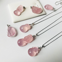 Natural powder crystal pendant carved pink crystal necklace 925 silver chain gourd fish wishful money bag birthday gift