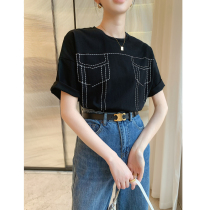 Korean designer positioning thread cotton casual loose short sleeve T-shirt female personality embroidery line top