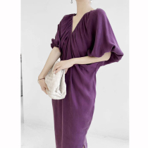 Lazy style simple front and rear V-neck long silk dress 2021 summer New temperament purple long skirt