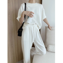 Simple cold copper thin ammonia Silk Air layer short sleeve top loose casual pants women fashionable two-piece set