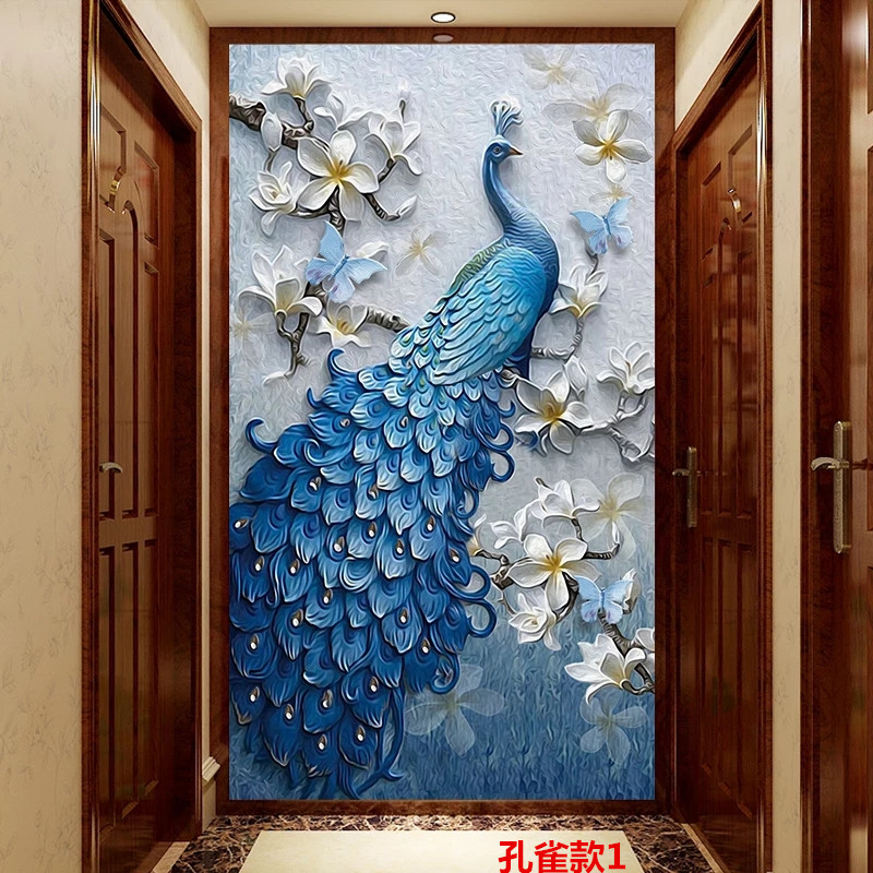 3d玄关墙纸8d过道壁画走廊背景墙壁纸简约现代5d立体孔雀影视墙布