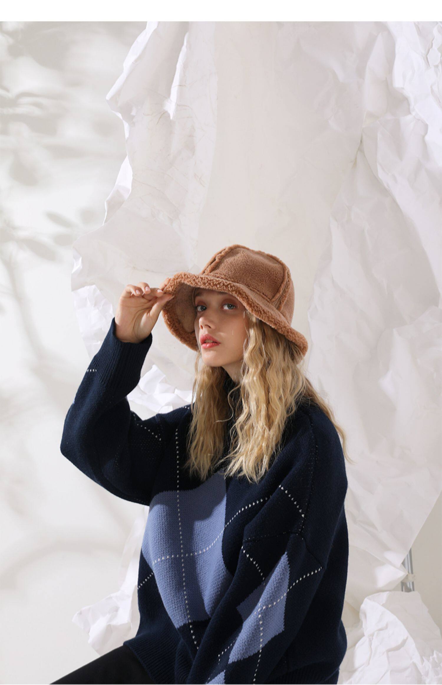 ziyi加厚羊绒保暖帽子女秋冬渔夫帽英伦百搭韩版复古短檐大码