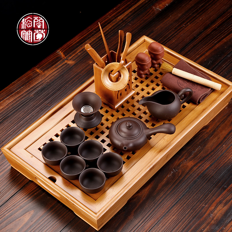 Small kung fu tea set pack of a complete set of mini purple ceramic simple household bamboo tea tray tea cup 6 office