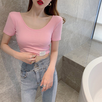 Base paragraph round collar short sleeve high waist dew navel 2021 summer new T-shirt with small letter blouses with chest cushion