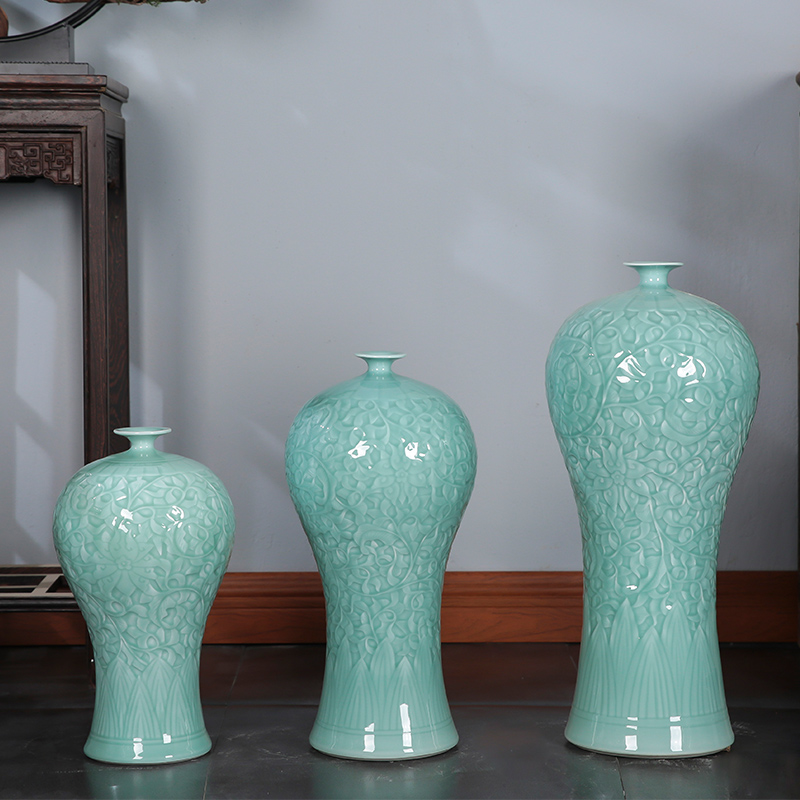 Jingdezhen ceramics craft blue glaze anaglyph large vase landed furnishing articles of new Chinese style home sitting room adornment