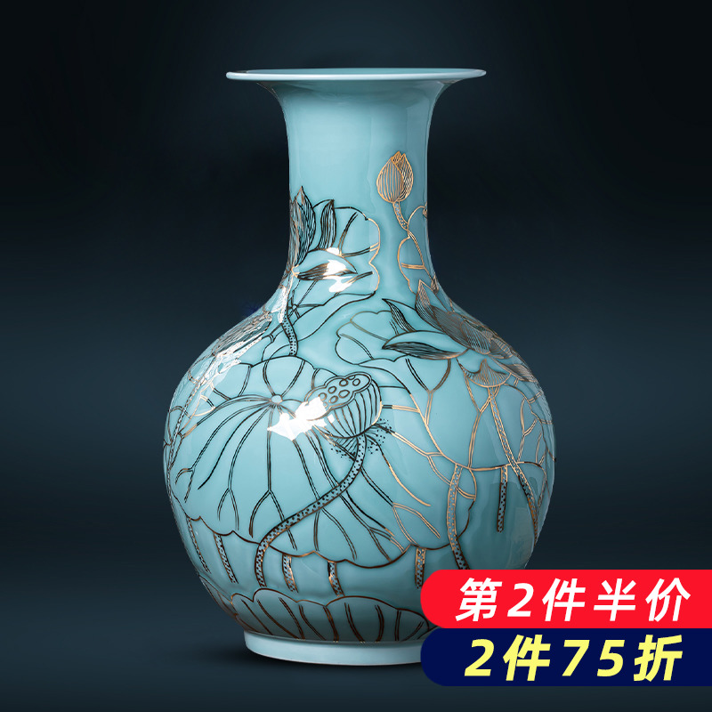 Jingdezhen porcelain ceramic light blue glaze hand - made paint the big vase furnishing articles of key-2 luxury household living room TV cabinet decoration