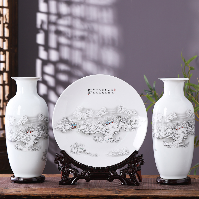 Jingdezhen porcelain ceramic three - piece large vases, flower arranging place, Chinese style household living room TV cabinet decoration