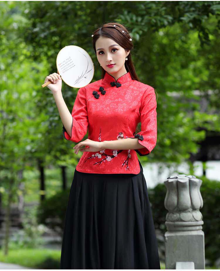 改良旗袍上衣唐装女夏时尚短款汉服民国风茶艺师服装养生馆工作服