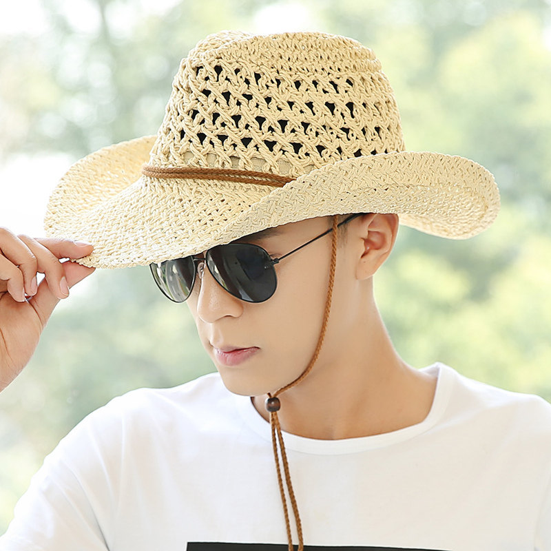 户外草帽男夏天海边沙滩帽西部牛仔帽子男士太阳帽防晒遮阳帽青年