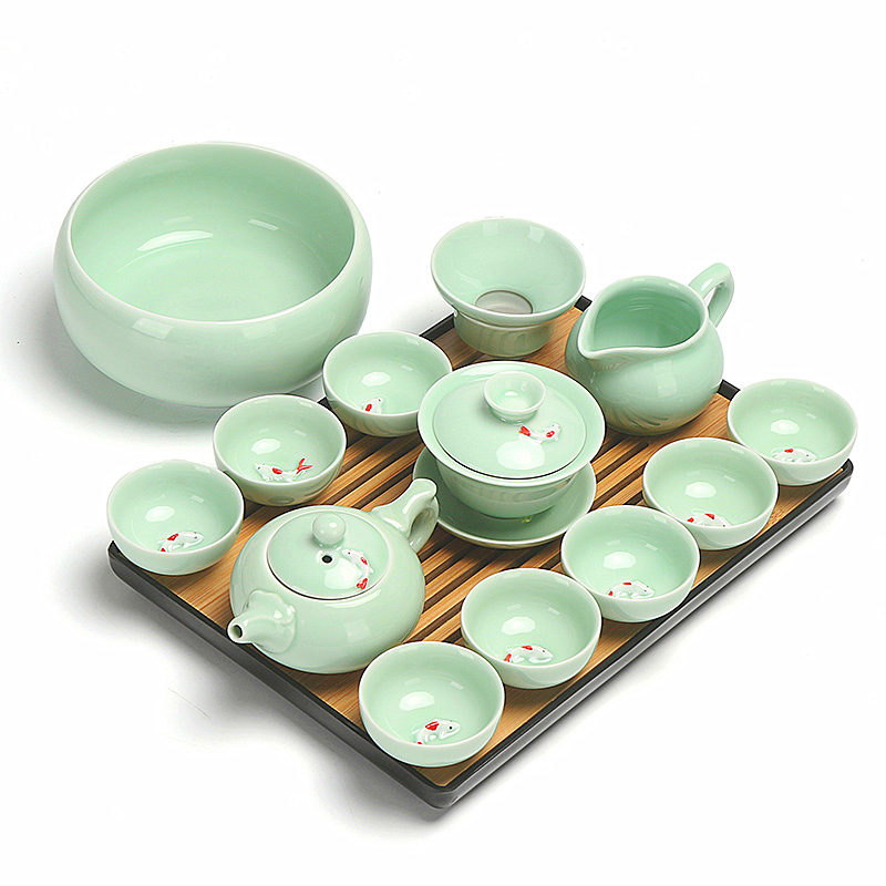 T celadon kung fu tea set home office ceramic carp tureen teapot tea cups to wash to the whole set of ground