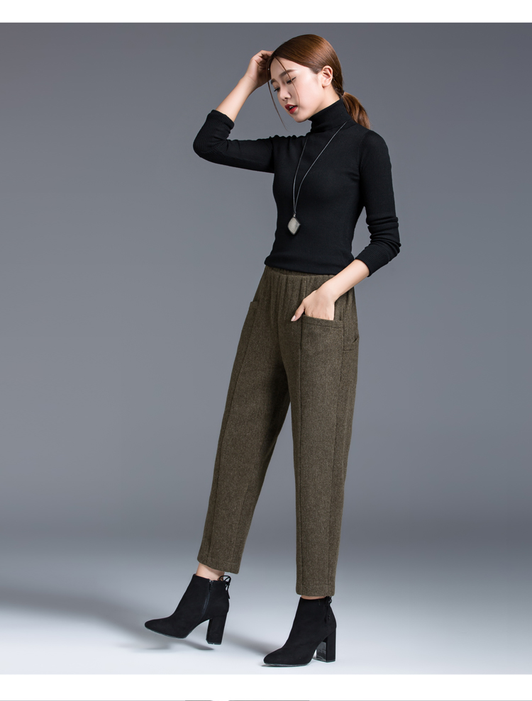 毛呢哈伦裤女秋冬宽松女士裤子韩版2018新款松紧腰女裤休闲九分裤
