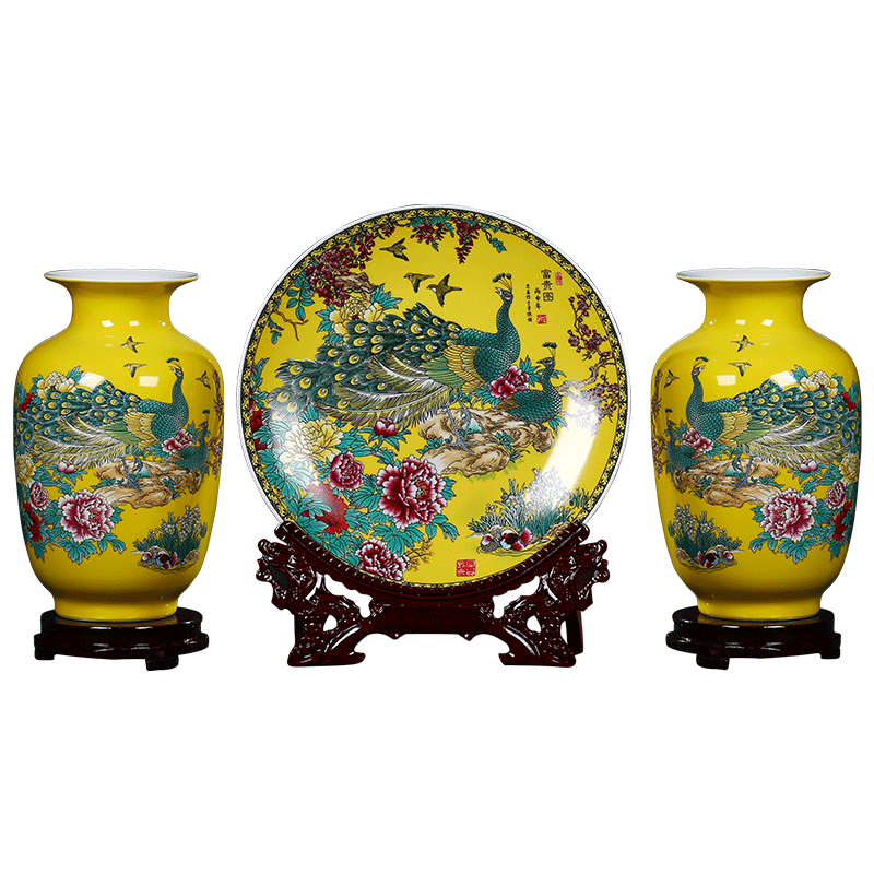 Ceramic vase three - piece furnishing articles jingdezhen porcelain of yellow peacock I household adornment flower arrangement sitting room