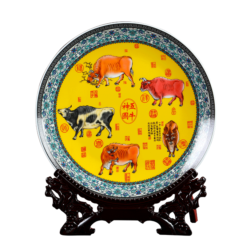 Five NiuTu jingdezhen ceramics decoration plate plate sat dish home rich ancient frame porch handicraft furnishing articles