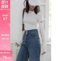 GUIER cuffs hollow short top 2021 new spring and autumn Joker base shirt long sleeve T-shirt women