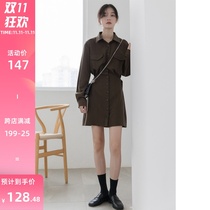 GUIER single-breasted lapel dress autumn 2021 retro waist slim temperament skirt women