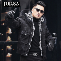 Heinin fur integrated male otter Rabbit wool liner raccoon fur collar with cap short trend Pike suit mens clothing jacket