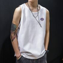 Pure cotton sleeveless T-shirt Sweat vest Man loose Shoulder External Wear Pure Color Fitness Basketball Tide Card Big Code Compassionate Summer