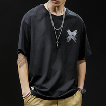 Summer cotton short sleeve T-shirt men loose ins Tide brand half sleeve size fat fat man plus fat increase body shirt trend Black