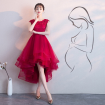 Pregnant women toast bridal wedding dress 2021 new wine red high waist front short back princess unkempt skirt female