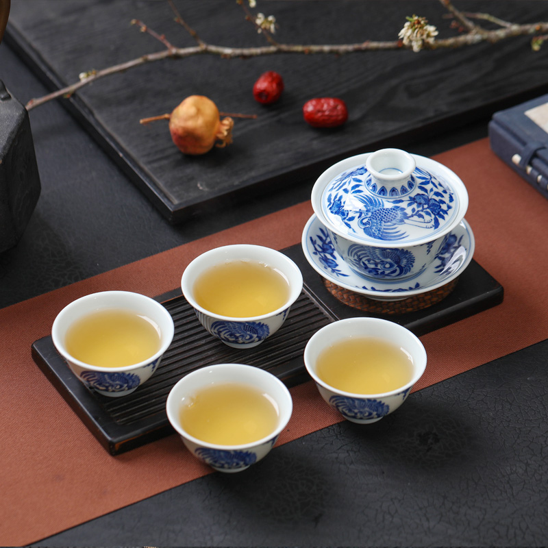 Treasure porcelain jingdezhen blue and white crane ShouYanNian tea maintain 5 head Lin tea set tea service manual painting