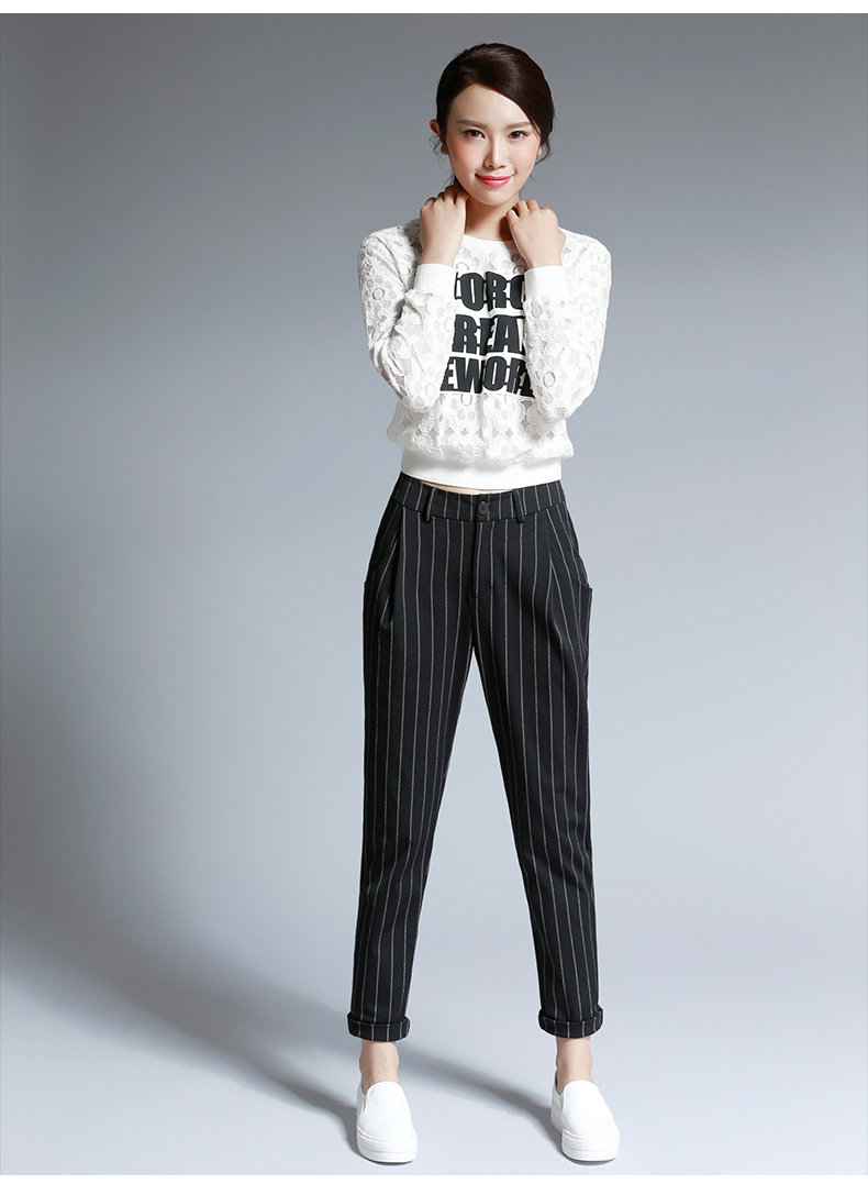 秋冬新款黑白竖条纹哈伦裤女春秋九分小脚裤阔腿宽松女裤西装裤潮