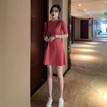 Right meter 2021 new summer retro temperament casual bottoming round neck waist slim Joker dress womens skirt