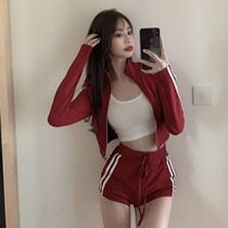 Sports casual womens set red striped jacket high waist drawstring shorts inside strap tight vest