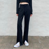 Right rice loose thin Hong Kong wind mopping pants womens spring and autumn split straight suit pants high waist black long pants