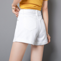 White denim shorts women Summer 2020 new high waist Joker a-shaped curly loose wide legs casual hot pants