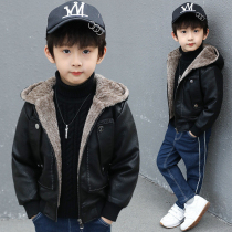 Boy leather jacket autumn winter 2021 new children Korean version of foreign style plus velvet padded cotton boy jacket tide