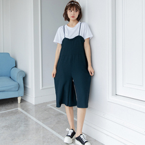 Pregnant women with pants summer solid color belly pants fashion loose Capri pants wear wide leg pants fashion chiffon suit