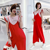 Pregnant woman back with pants spring and summer slim fit outside wearing summer pants 2022 summer dress stylish loose red broadleg lifting strap pants