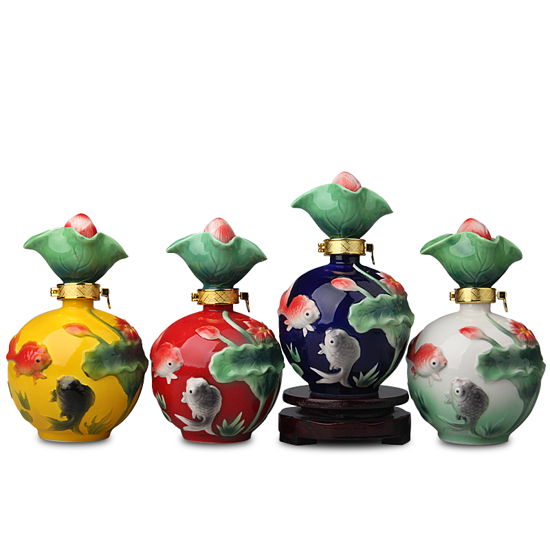 Jingdezhen ceramic 1 catty outfit colored enamel lotus fish a kilo of empty bottles jars liquor pot from year to year