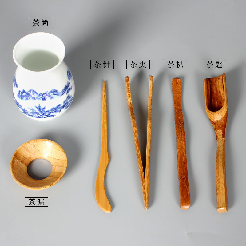 Melts if six gentleman 's suit kung fu tea tea accessories blue and white porcelain white porcelain combination moso bamboo tea art furnishing articles