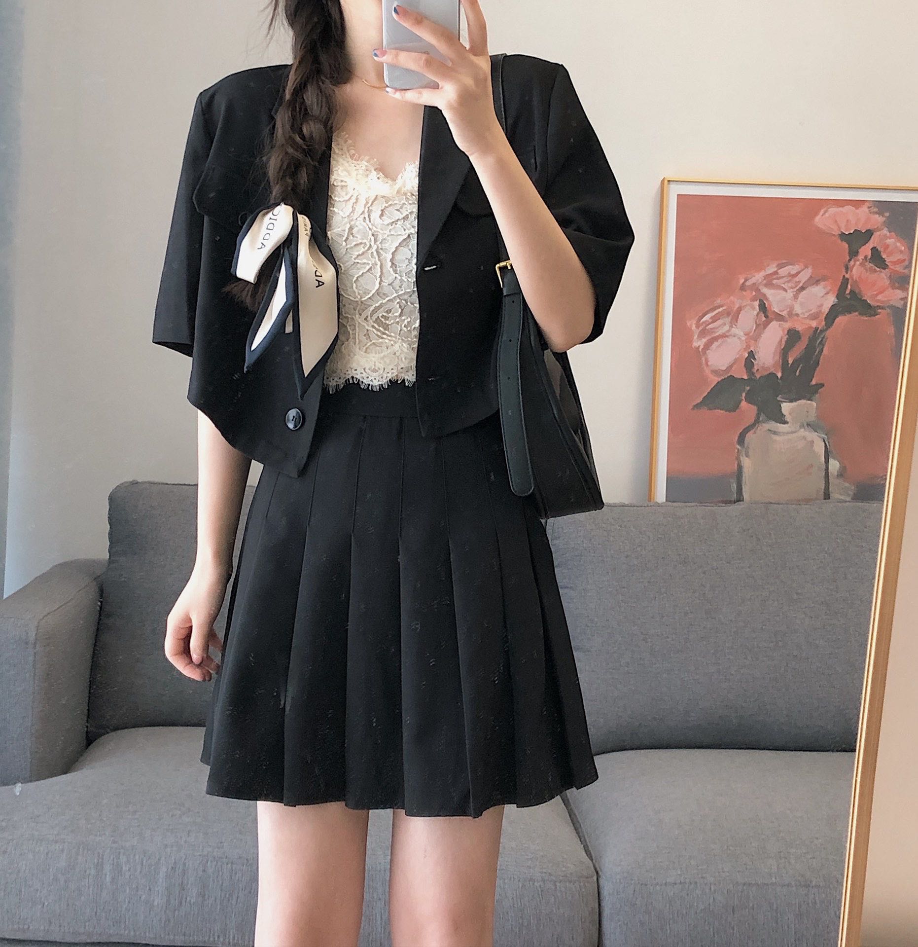 学院风套装女短款西装外套2021新款高腰黑色百褶裙半身裙两件套