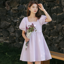 French square collar purple dress female summer 2021 New Korean version of the clavicle high waist long first love skirt