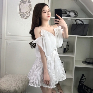 V-neck Chiffon holiday dress feather backless sleeve off shoulder strap summer pleat sexy