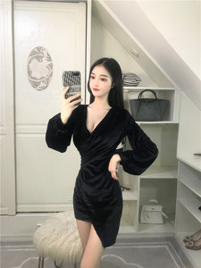 New sexy collar gold velvet long sleeve Hip Wrap Dress