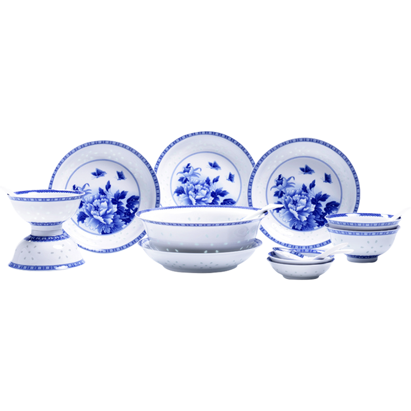 One food tableware dishes suit household jingdezhen bowls household use chopsticks suit household combination of peony