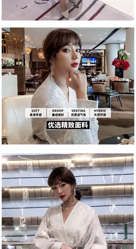 Váy sequin phụ nữ dài giữa năm 2021 mới eo cao tay áo lồng đèn cổ chữ V khí chất váy trắng công chúa - Váy eo cao