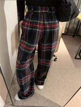2021 spring overalls European station new English wind contrast color stitching plaid pants autumn and winter wide leg pants foreign fashion