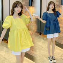 Pregnant Woman Summer Clothing Suit Fashion Boomer Extra-wear Style Short Sleeve Doll Blouse Blouse Women Toabdominal Shorts Two Pieces